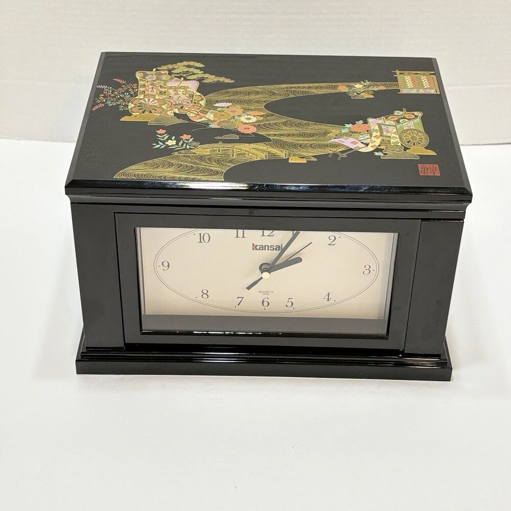 Vintage Kansai Urushi Clock And Jewelry Box Black Laquer